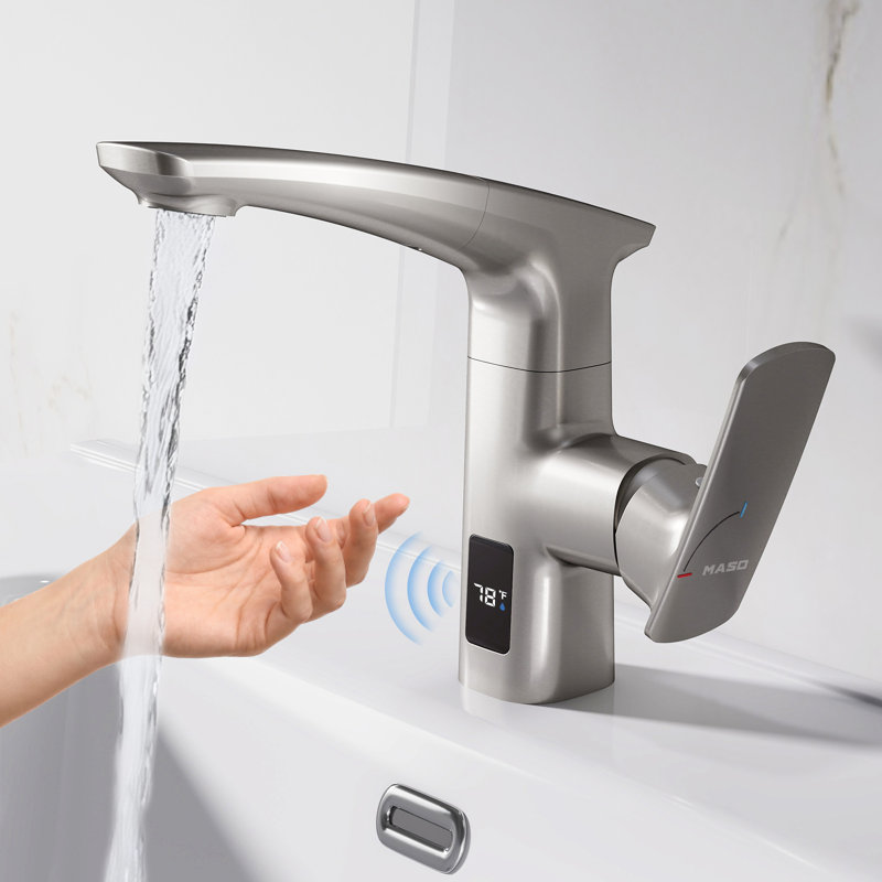 MASO Touchless Pull-Down Bathroom Sink Faucet, 2 Spray Modes, Temperature Display (°F), Motion Sensor, 360° Swivel, Single Handle, 1 or 3 Hole, Deck Plate, Vanity, Laundry & Bar,  Brushed Nickel