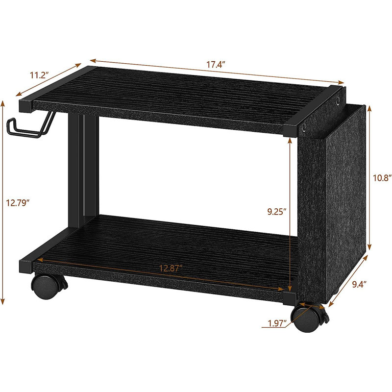 17'' W 1 Printer Stand with Wheels, Black