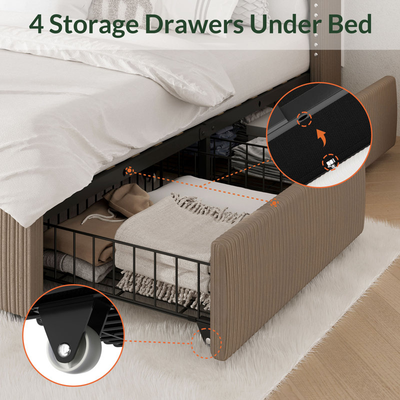 Brown Corduroy Upholstered Queen Bed Frame with Storage Drawers