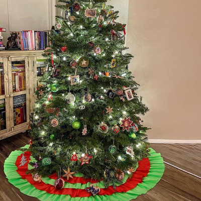 Red and Green Ruffle Christmas Tree Skirt, Fluffy Farmhouse Holiday Tree Decor