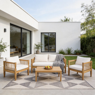 Modern Acacia Outdoor Furniture Set, 2 Chairs + Loveseat + Coffee Table