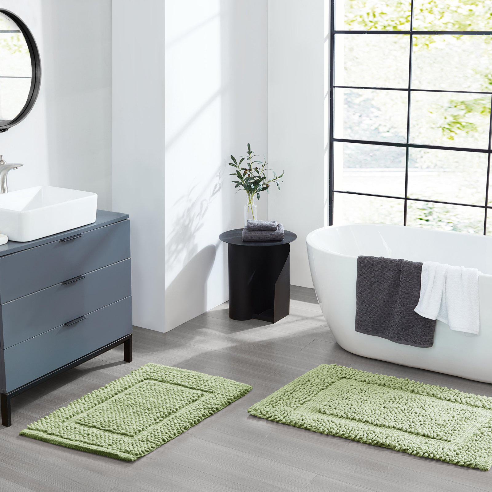 Payten Classic Cotton Bath Mat, Sage, Set of 2 - 17" W x 24"L / 20"W x 32"L