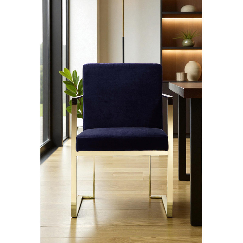    Pangea Home Dexter Upholstered Modern Velvet Arm/Dining Chairs – Indoor Arm Chairs with Gold or Silver Steel Legs- Dining Room, Bedroom, Living Room Chair - Navy Velvet with Gold Legs