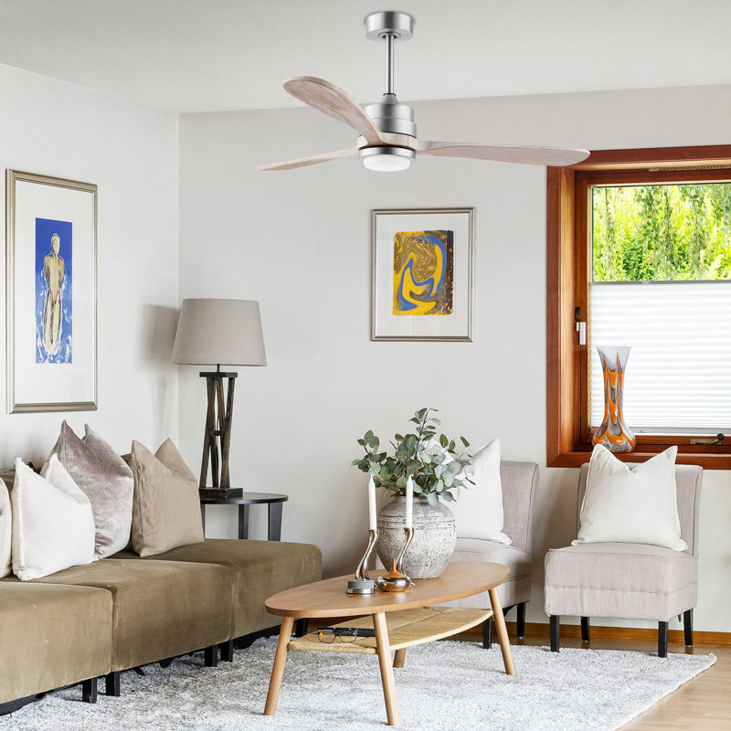 52" Gatto 3 - Blade Propeller Ceiling Fan with Remote Control and Light Kit, Nickel/Light Maple with Gray Blades