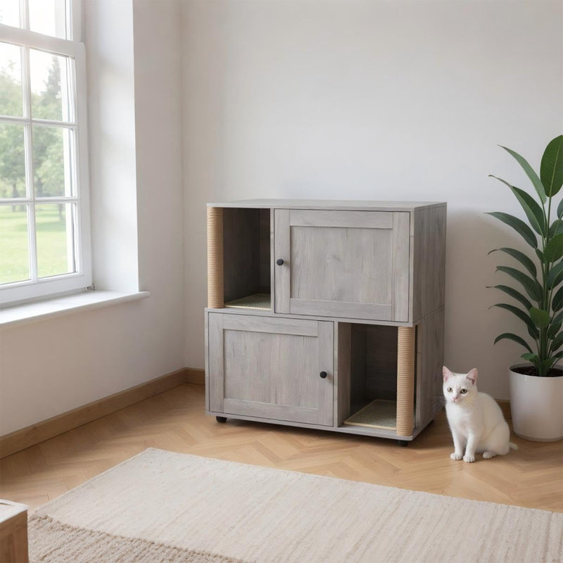 Enceinte de litière pour chat à deux étages, litière cachée en bois avec poteau à griffer, armoire à chat ventilée pour 2 chats, cadre renforcé pour les petits espaces