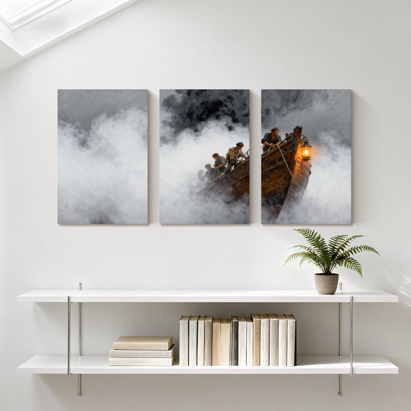«Nautical Misty Boat Journey Through Clouds with Lantern Light», ensemble de 3 impressions murales sur toile