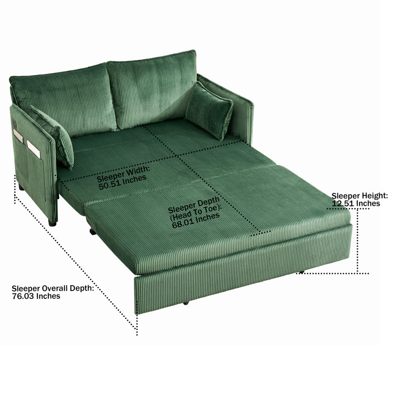 Corduroy 3-in-1 Convertible Sleeper Sofa Couch Futon Sofa Bed Pull Out Sofa Bed with USB Ports and Side Pockets, Green