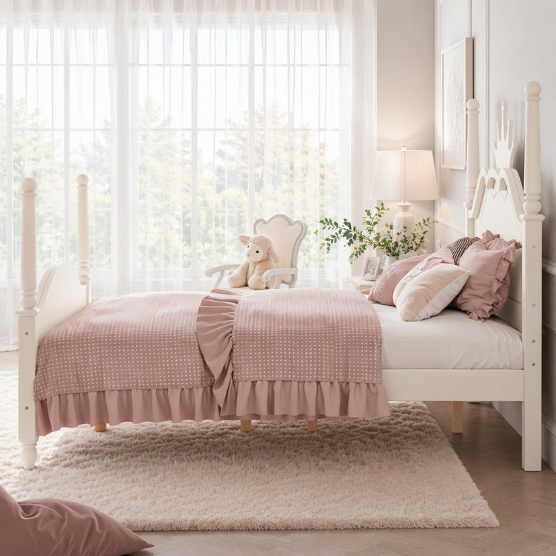 Lit plateforme en forme de couronne avec cadre à baldaquin et tête de lit incurvée, Beige