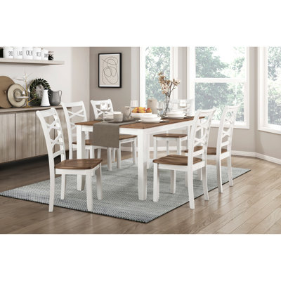 Cherry And White Finish 7Pc Dining Set Table And 6 Side Chairs Set Double X-Back Design Wooden Casual Country Style Dining Room Furniture