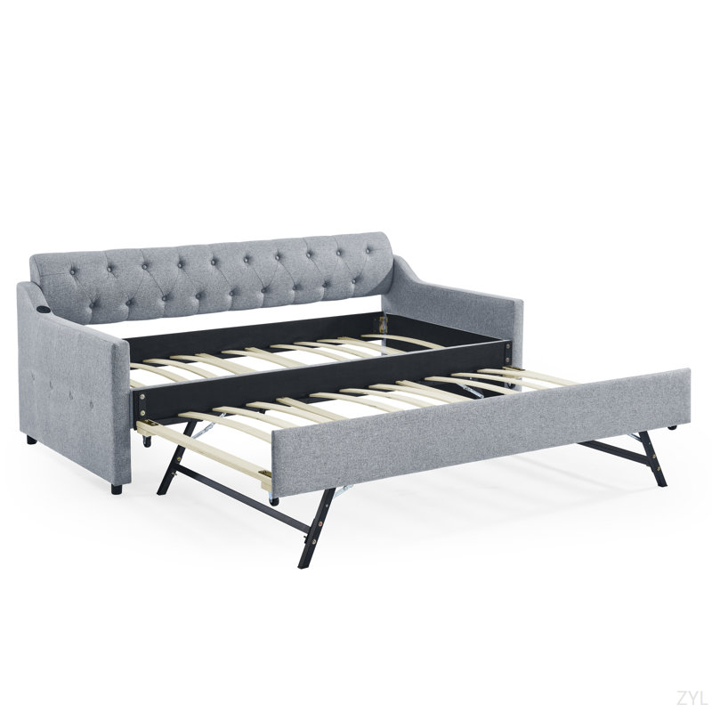 Twin Size Upholstery Daybed With Twin Size Erectable Trundle And USB Charging Design, Gray