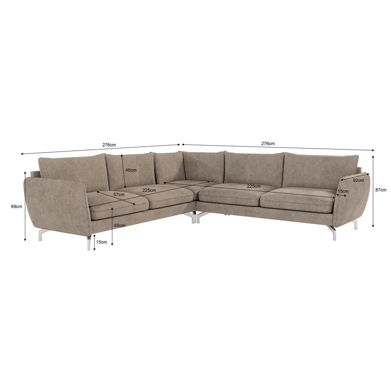 Modern L-Shape Corner Sofa  with Silver Metal Legs, Dark Beige