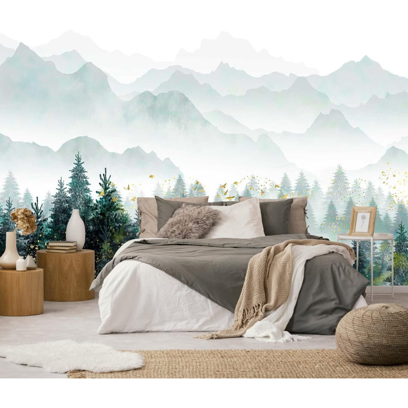 Papier peint Hazy Forest avec des taches dorées, murale Misty Mountain Peaks, murale paysage nature