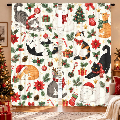 2Pcs rideaux pour chat de Noël, mignons chats festifs avec chapeaux et écharpes du Père Noël, motif de flocons de neige aux baies de houx, tissu filtrant la lumière, écran d'intimité, poche à tringle, lavable à la machine, pour les décorations des Fêtes, salon, chambre à coucher, cuisine, balcon