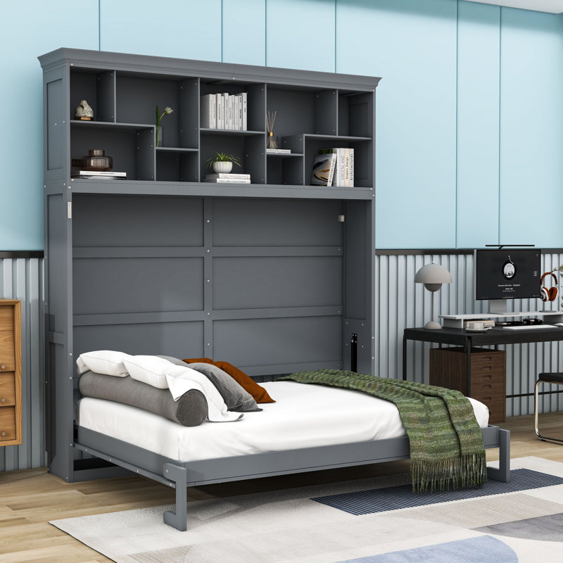 Space-Saving Queen Murphy Bed with Cabinet, Grey