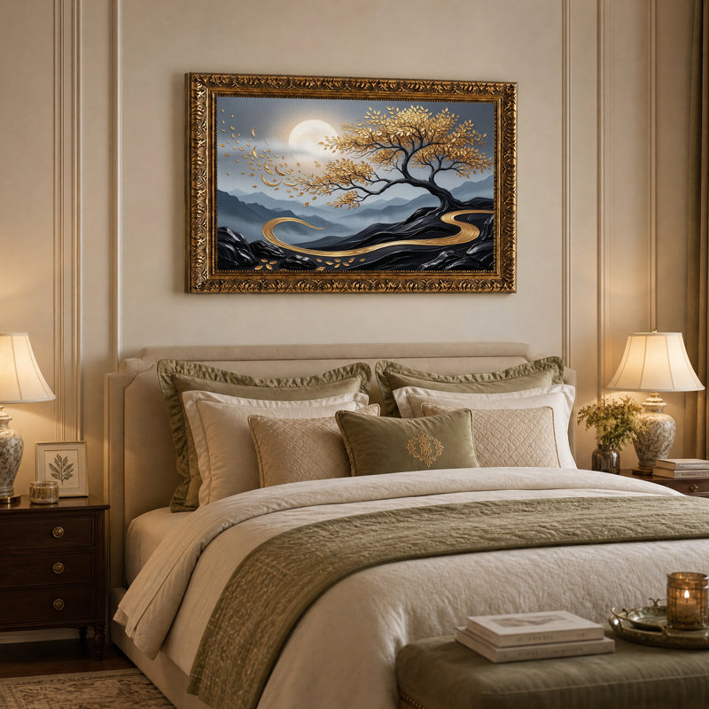 Golden Tree With Moonlit Mountains Canvas Wall Art, 16"H x 24"W