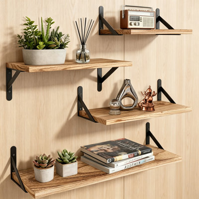 Set of 4 Rustic Wooden Floating Wall Shelves, Wall Mounted Long Display Shelving for Books, Pictures & Small Trinkets, Multi Room Storage Décor for Living Room, Kitchen, Bedroom, Bathroom & Office