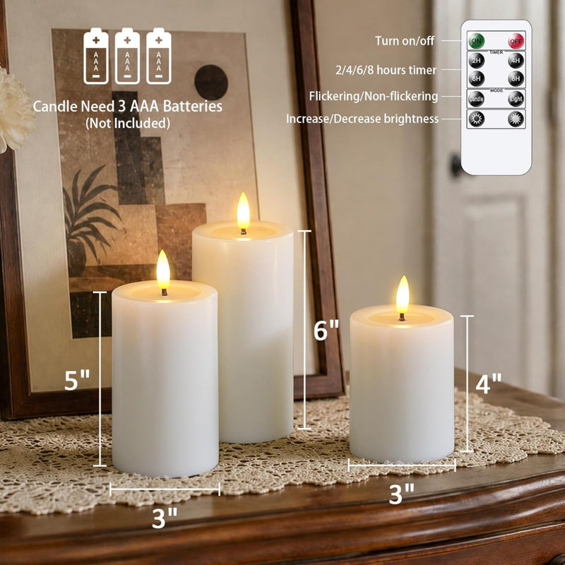 Remote Flameless Flickering Pillar Candles with Candle Grease Effect,Pack of 3 White LED Battery Oprated 2/4/6/8 Hours Timer Real Wax Electric Candles(7.5x10,12.5,15 cm)