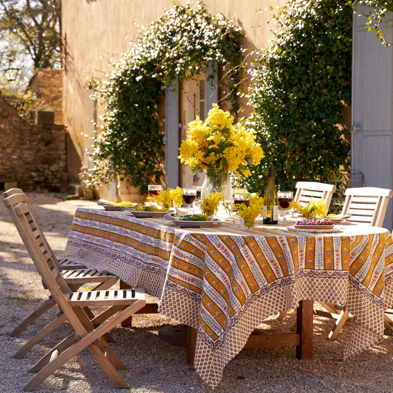 Avignon Handmade Floral Tablecloth, Dijon/Blue, 128" x 71"