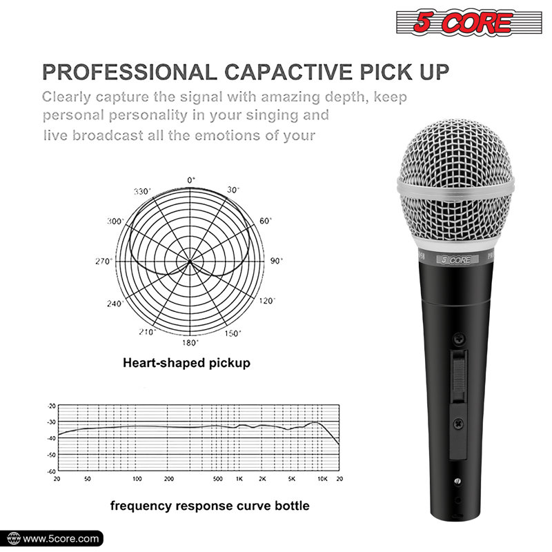 5 Core Microphone Professional Unidirectional Dynamic Neodymium Mic w/ ON/OFF Switch, Cable Clip