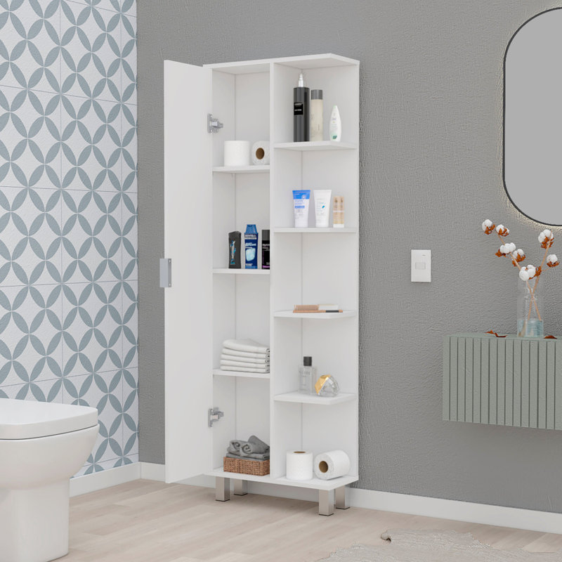 White 1-door Linen Cabinet For Bathroom Area - 9 Shelves, Graceful Enhancement, Wood Feature In Style Advancement, Trait