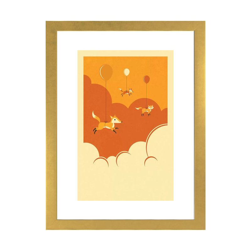 Volée de renards, art encadré, H 32 po x l 24 po x P 1 po, Papier encadré doré