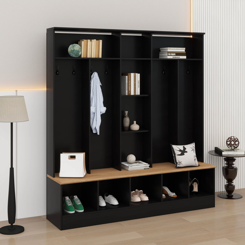 Arbre d'entrée large avec banc de rangement, armoire à chaussures minimaliste avec rangement cubique et tablettes, Noir