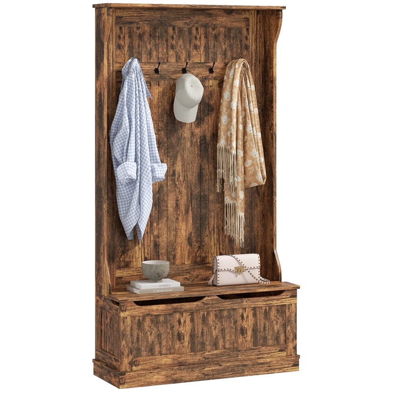 3-In-1 Entryway Hall Tree with Storage Bench, Coat Rack with Five Hooks, Rustic Brown