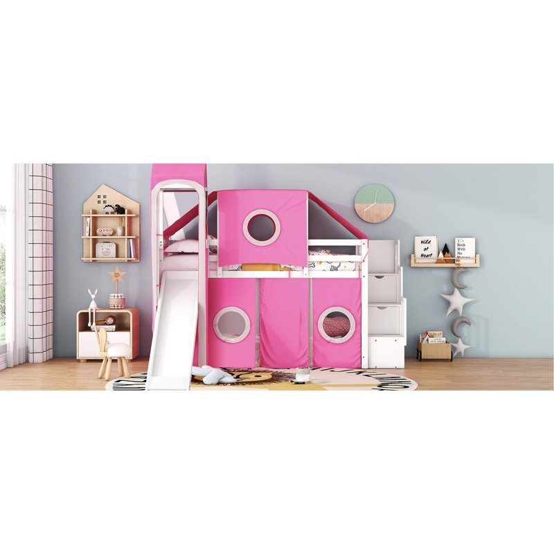 Lit mezzanine simple avec tente et tour rose