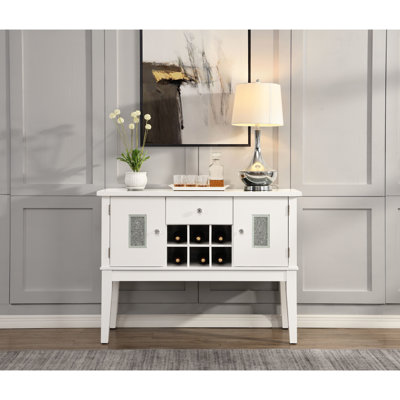 Desserte en faux cristal blanc diamant brillant avec pieds en K, glissière de tiroir latérale en métal 1/2, doublé de feutre, arrêt, verre trempé de 7 mm, bande magnétique de porte, style contemporain simple, facile à nettoyer,