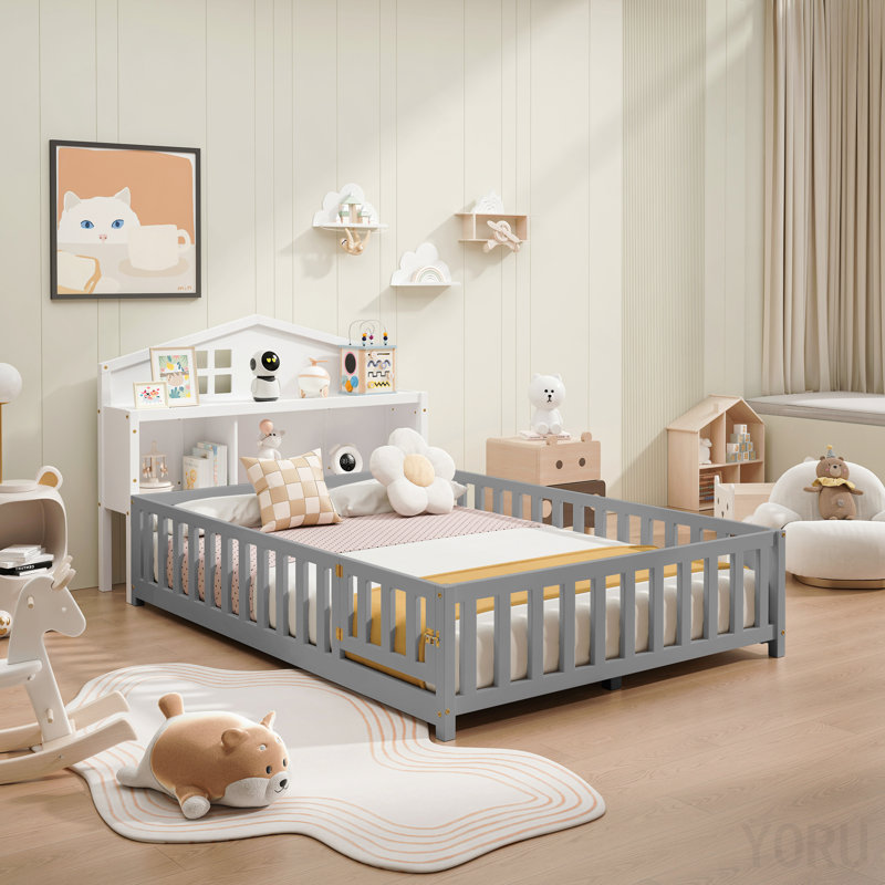 Tête de lit pleine grandeur avec armoire de rangement Montessori - blanc