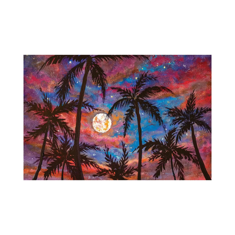 Beautiful Palm Trees, Pink Purple Sunset And Large Moon by Valery Rybakow - Painting on Canvas, Wrapped Canvas