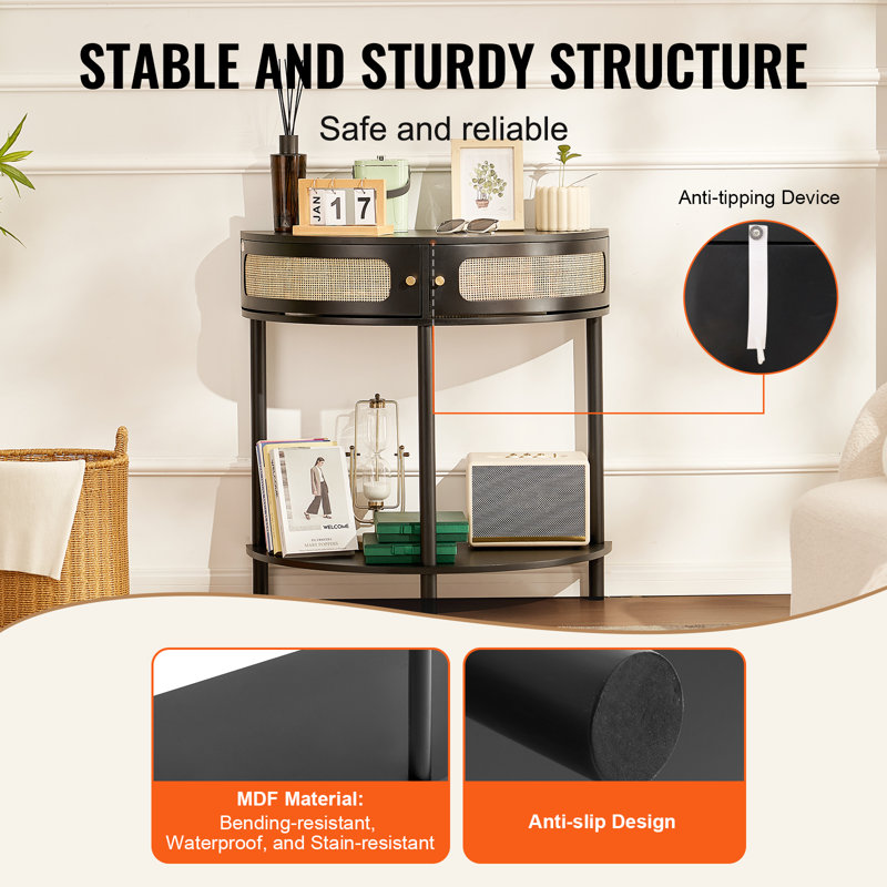 Black Wood Half-Moon Console Table with Rattan Storage