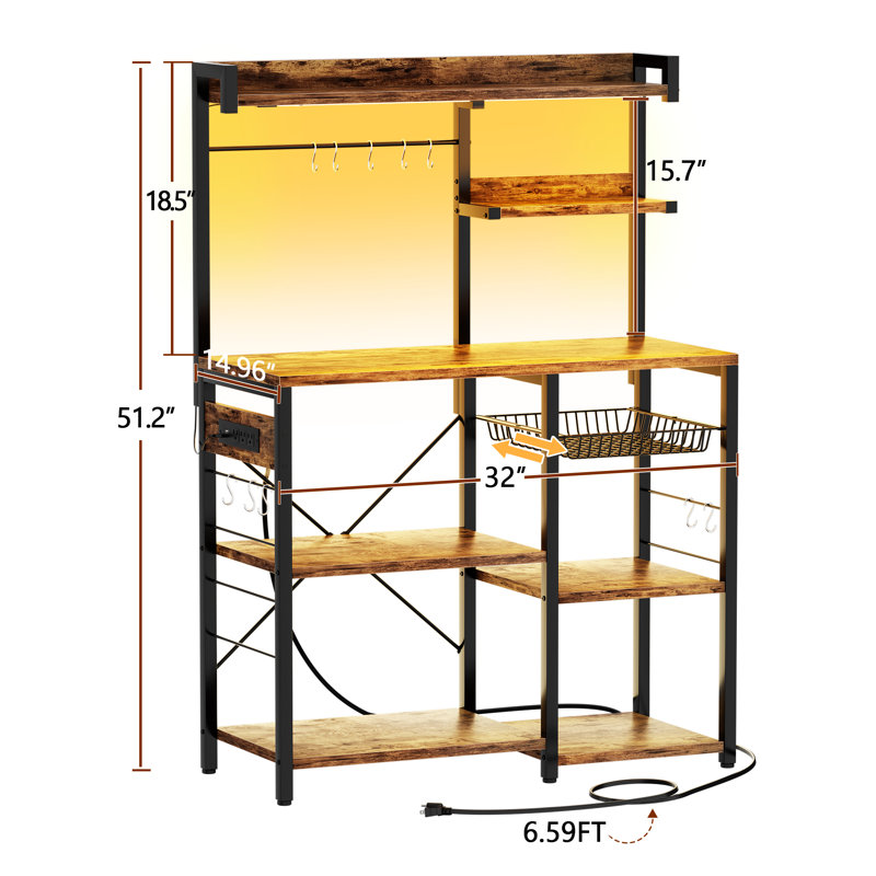 Étagère de boulanger de cuisine 32 po avec prise de courant et guirlandes lumineuses à DEL, Brun