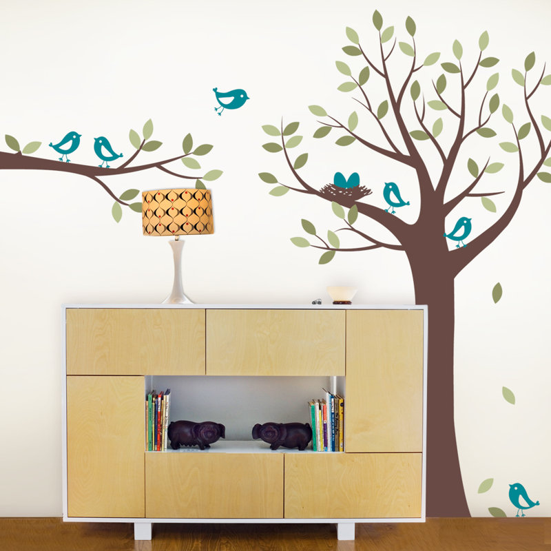 Adhésif décoratif "famille oiseau" avec arbre, Brun / vert olive