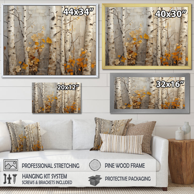 Élégance de bouleau d'automne - art mural grand arbre, Cadre doré à coins fermés, H 16 po x l 32 po x P 1 po
