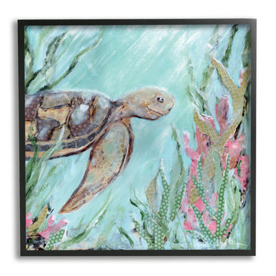 Tortue de mer sous-marine nageant corail par Amanda Hillburn - peinture à cadre flottant sur bois