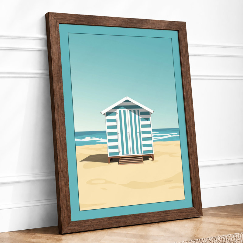 Striped Beach Hut Coastal - Framed Print, Walnut, A3 - 42.0 x 29.7 cm