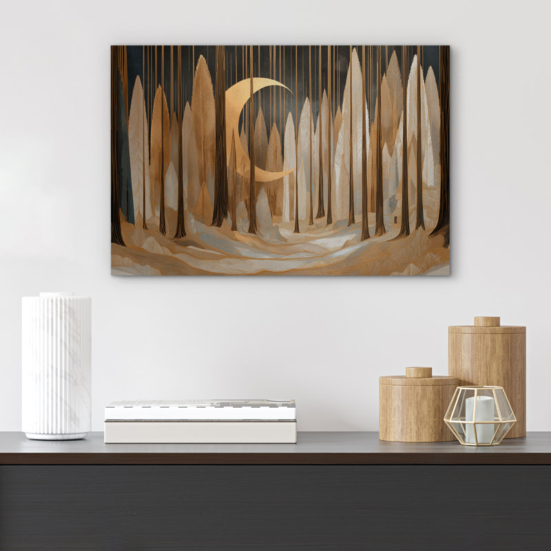 Art Deco Style Golden Crescent Moon Forest - Pictures Extra Large Framed Canvas Print Wall Art, 32" H x 48" W x 1.5" D