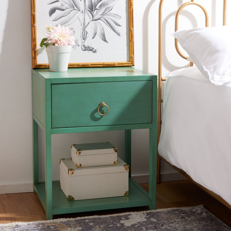 Elegant Yudi 21'' W Acacia Nightstand – Modern Wood Bedside with Gold Pull Drawer and Storage Shelf, Turquoise