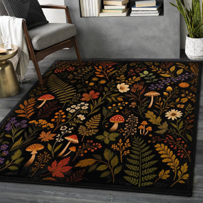 1Pcs Vintage mushroom and floral pattern rug - vibrant colors, artistic design, perfect for living room, bedroom, kitchen, entryway, easy to clean, durable, non-slip backing, indoor use for home detor