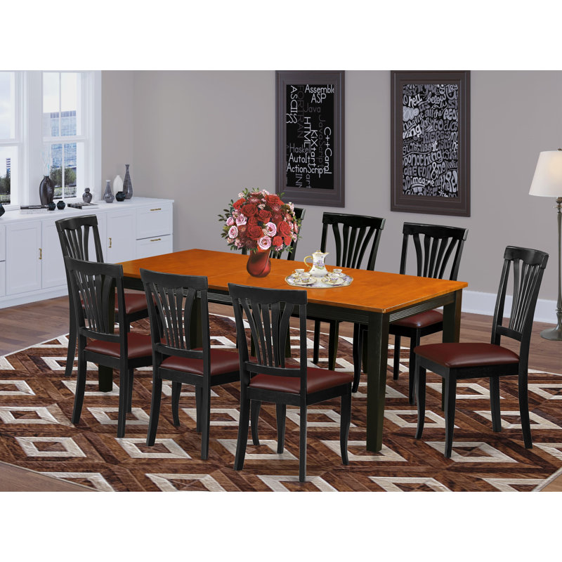 Ensemble de table de salle à manger 9 pièces comprenant une table rectangulaire en bois avec feuille papillon et 8 chaises de salle à manger en similicuir, noir et cerise