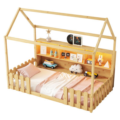 Natural Twin Size House Bed With Guardrail And Shelf - Stable Led Lights Book Storage Stylish For