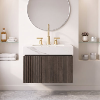 Meuble-lavabo mural 24 po en contreplaqué flottant à grain de bois espresso avec plateau en pierre frittée blanc de Carrare et lavabo en céramique encastré, 2 portes avec volets à fermeture en douceur, pré-assemblé
