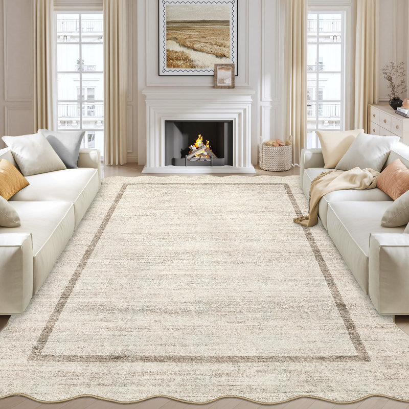 Scalloped Machine Washable Rug Non-Slip Bordered Floor Mats Non-Shedding Soft Low Pile Modern Accent Rugs for Living Room Bedroom Office