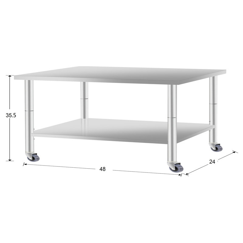 Table de préparation de cuisine en acier inoxydable de 48 po x 24 po avec tablette et roulettes de 35,5 po de hauteur, convenant au service alimentaire dans la préparation d'établissements commerciaux