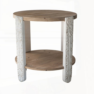 Charming Round Two-Tiered Wooden Side Table with Natural Brown Finish and Intricately Carved Legs, Perfect for Living Room or Bedroom