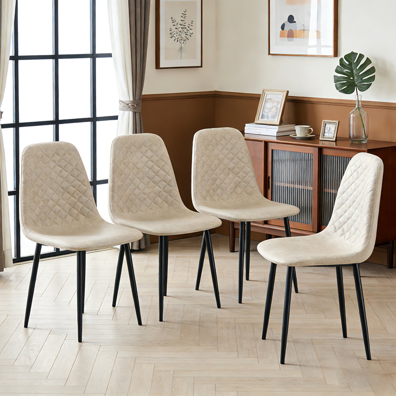 Kaylani Modern Upholstered Dining Chair, Beige Suede, Black, 4