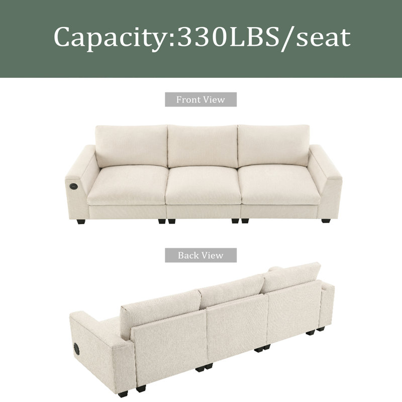 Canapé modulaire 96 * 35 po Chenille avec haut-parleur Bluetooth, ensemble de canapé Comfy Cloud avec table rabattable, porte-gobelets, chargeur USB, accoudoir de rangement, canapé à large siège pour salon, appartement, bureau