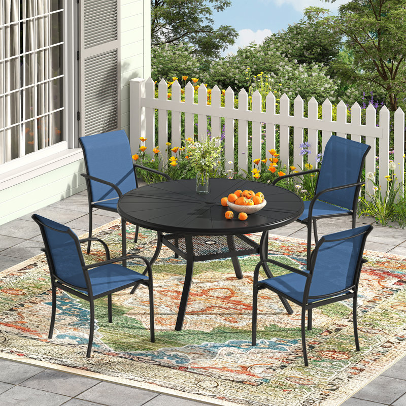 4-Person Outdoor Aluminum Patio Dining Set, Black/Blue