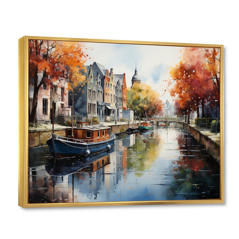 Orange Canal Vibrant Water Point Pointillism - impression, H 16 po x l 32 po x P 1 po, Cadre flottant doré